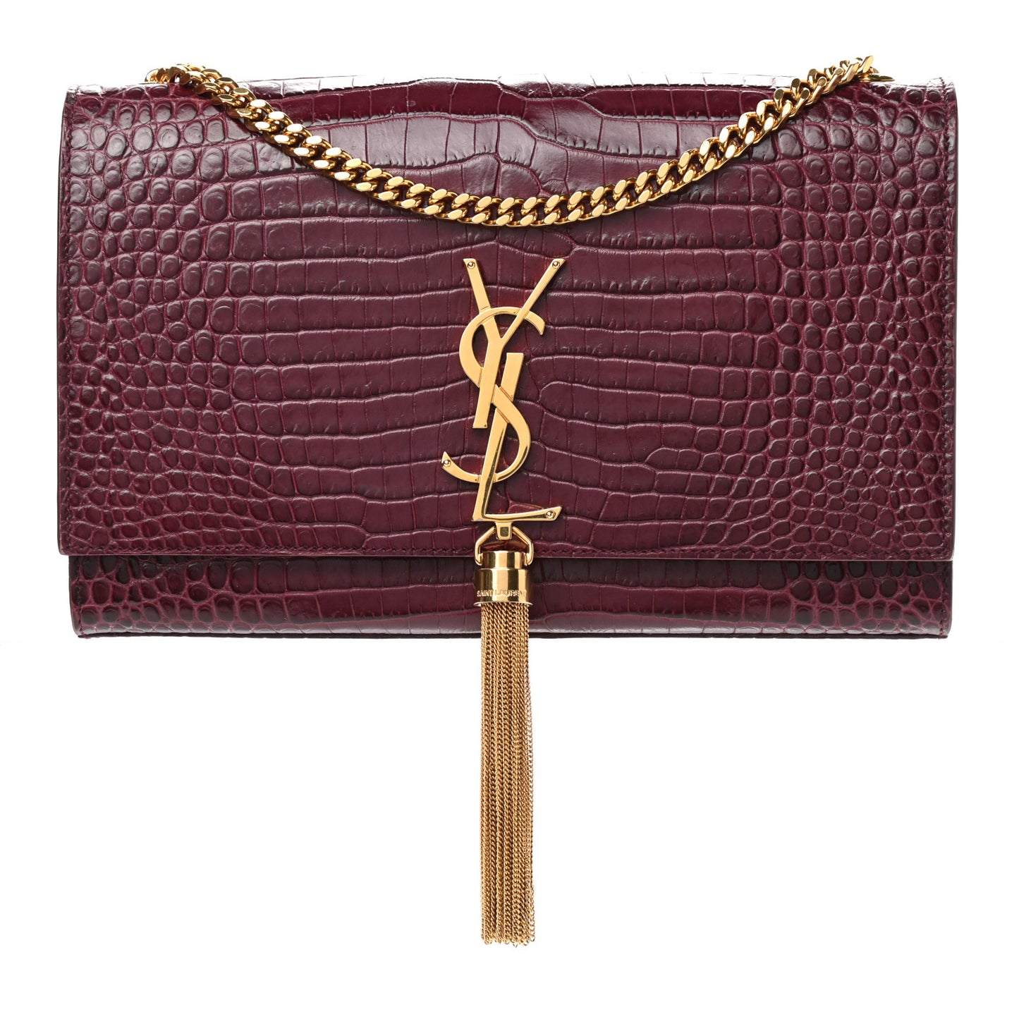 Calfskin Crocodile Embossed Medium Classic Monogram Kate Tassel Satchel Dark Red