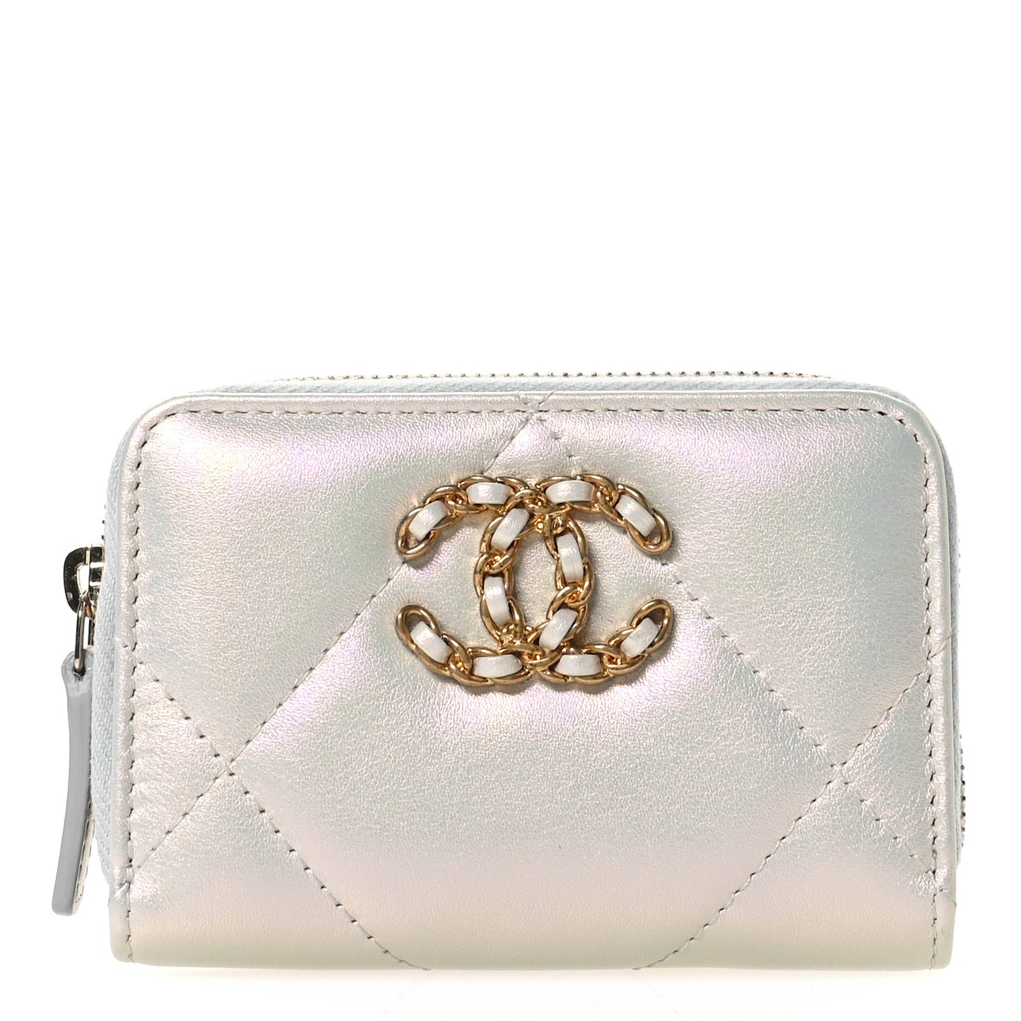 Metallic Goatskin Quilted Chanel 19 Zip Around Coin Purse Wallet Silver