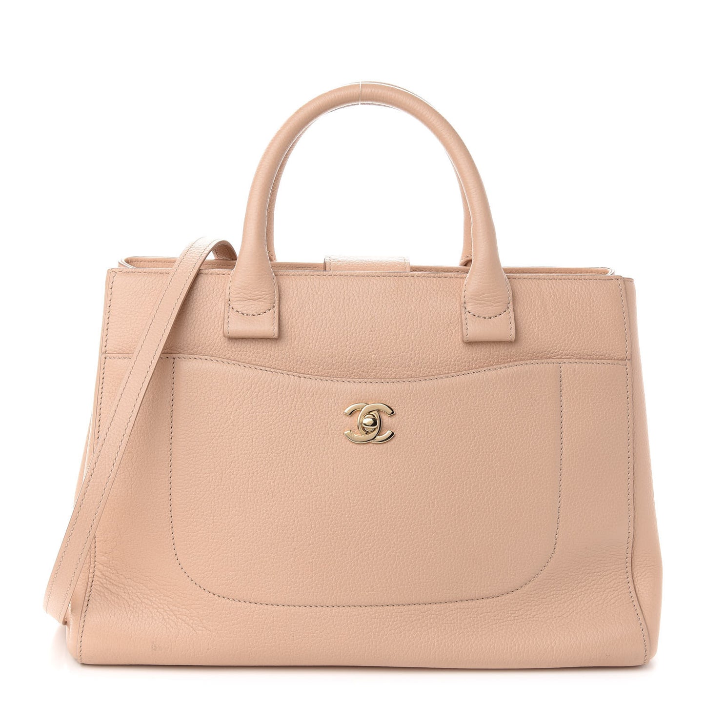 Grained Calfskin Small Neo Executive Shopper Tote Beige