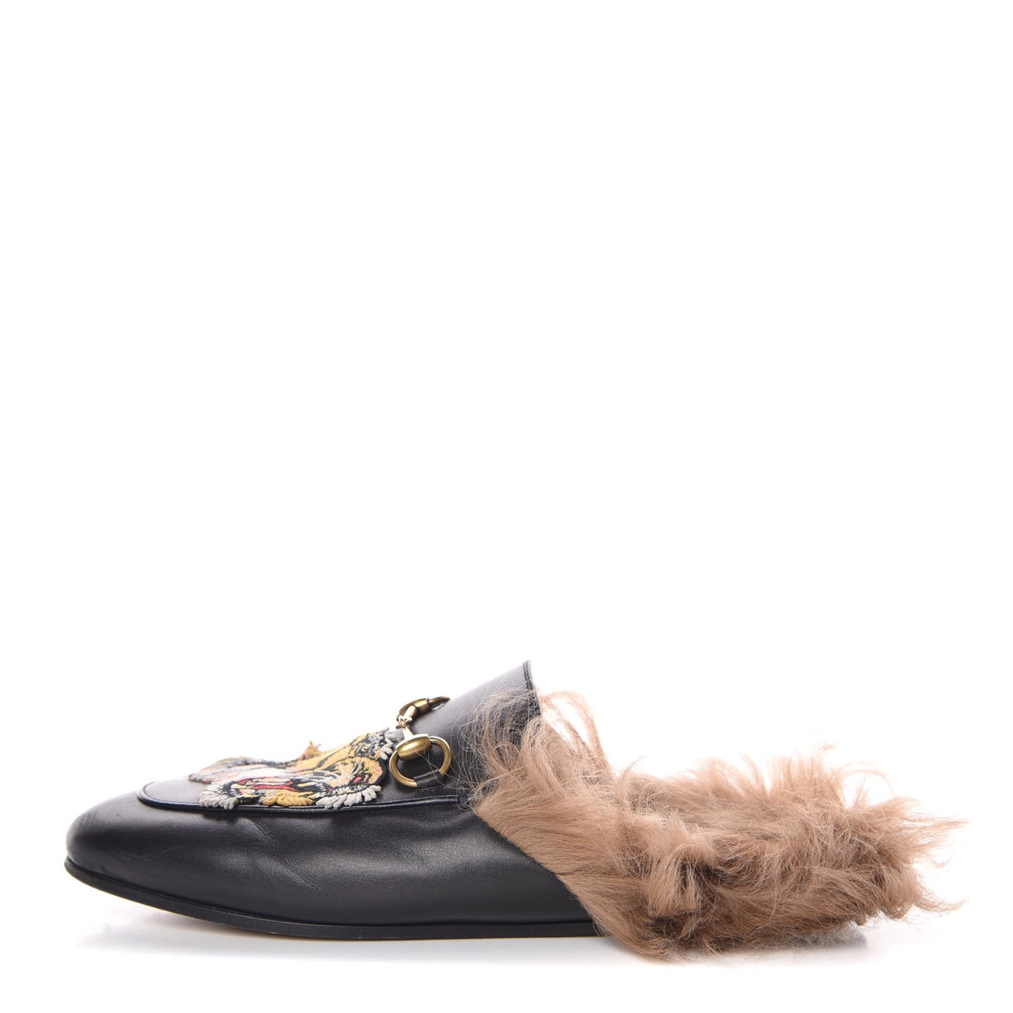 Calfskin Fur Tiger Embroidered Womens Princetown Slippers 36 Black
