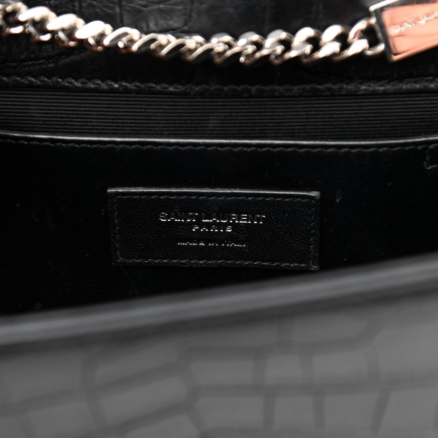 Calfskin Crocodile Embossed Medium Classic Monogram Kate Tassel Satchel Black