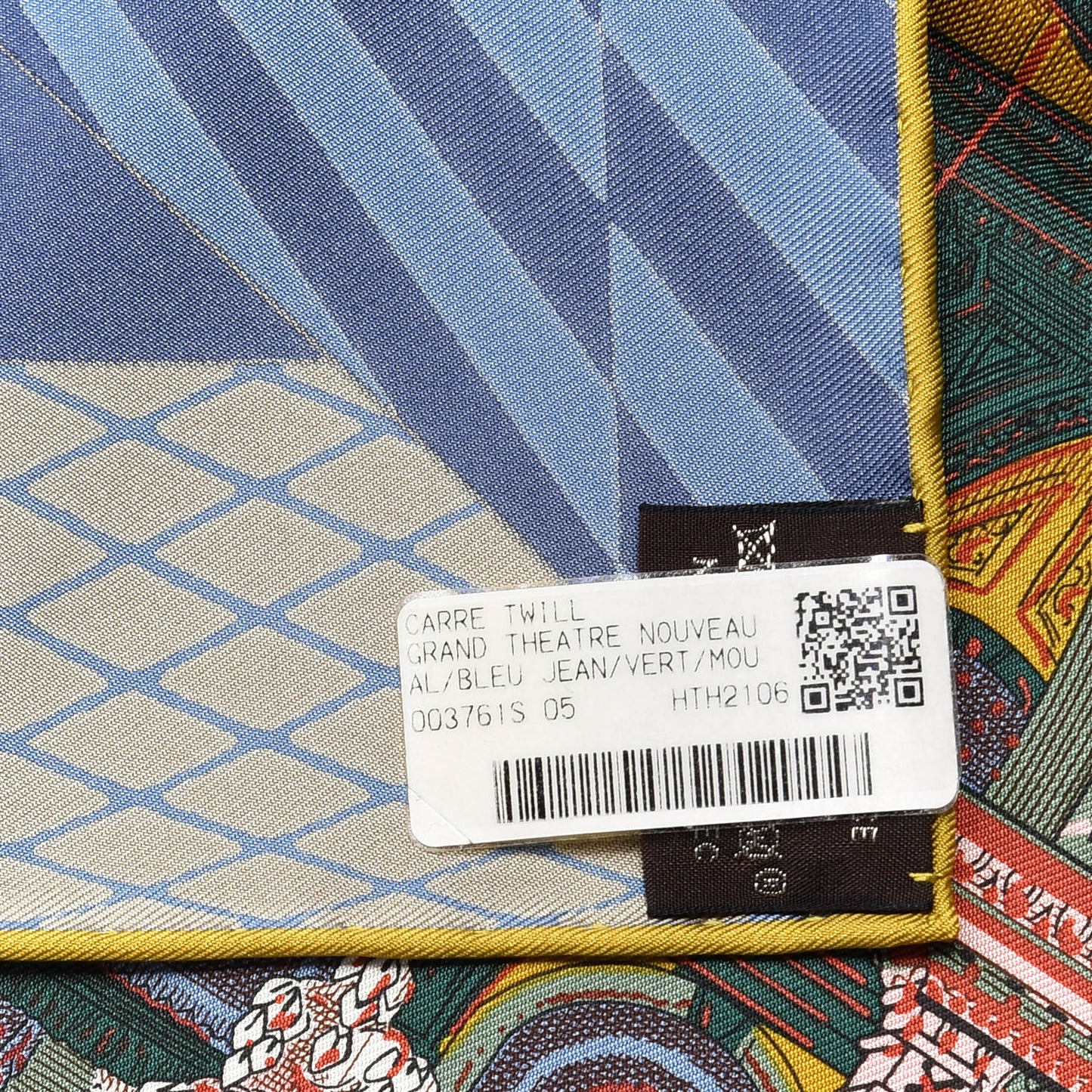 Silk Twill Grande Theatre Nouveau Scarf 90 Bleu Jean Vert Moutarde