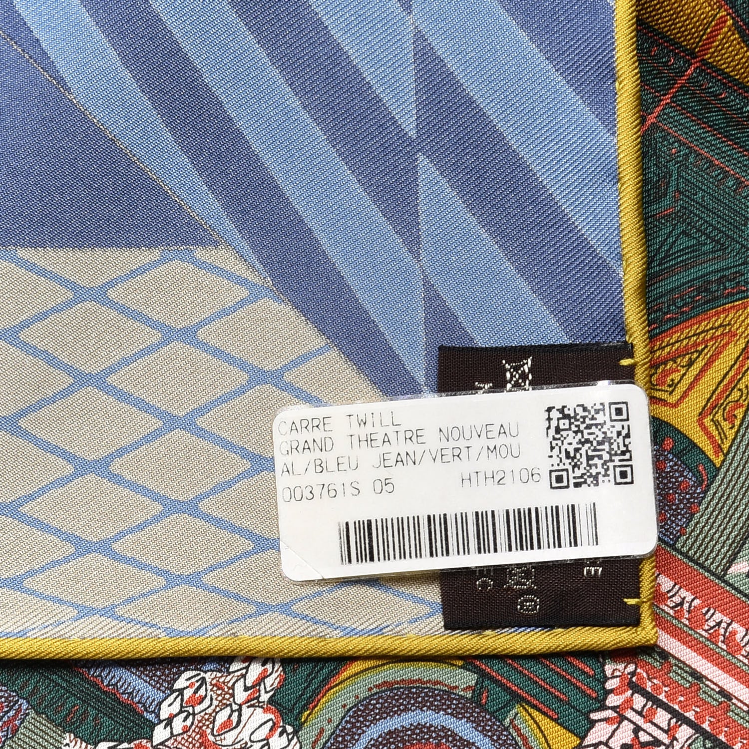 Hermes Silk Twill Grande Theatre Nouveau Scarf 90 Bleu Jean Vert Moutarde 4 of 4
