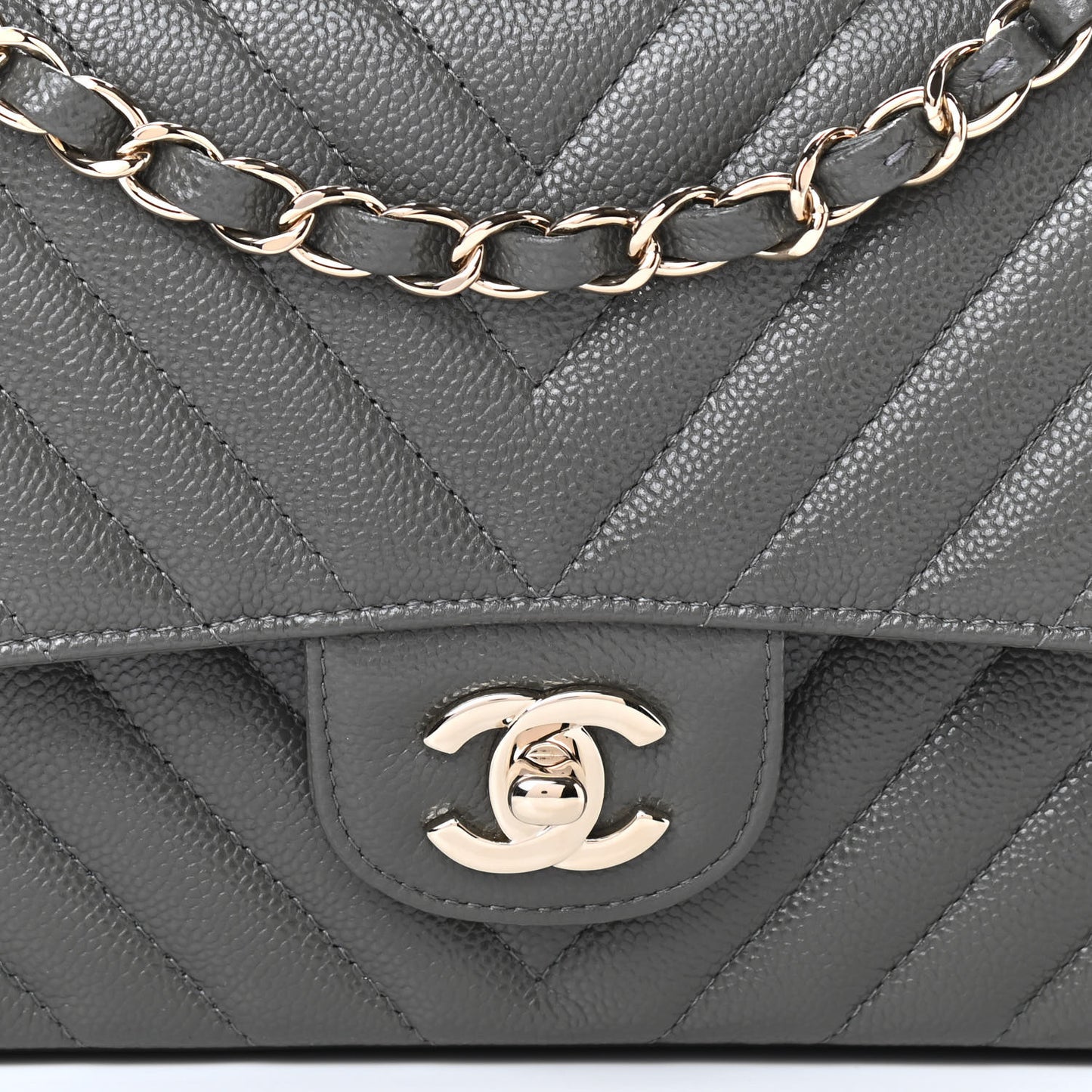 Caviar Chevron Quilted Medium Double Flap Dark Grey