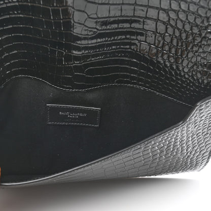 Saint Laurent Calfskin Crocodile Embossed Uptown Monogram Clutch Black 5 of 6