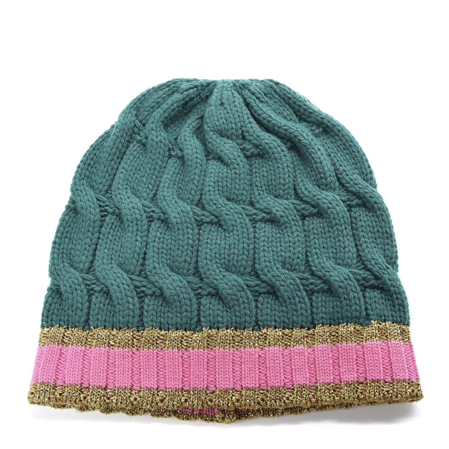 Gucci Wool Cashmere Polyamide Cable Knit Bonhate Beanie Hat M Grass Green Pink 1 of 4