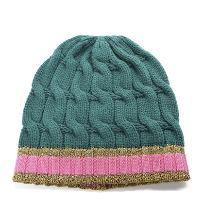 Gucci Wool Cashmere Polyamide Cable Knit Bonhate Beanie Hat M Grass Green Pink 1 of 4