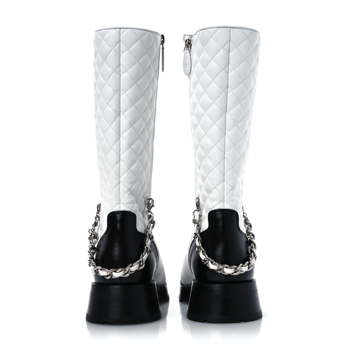 Grained Calfskin Quilted Chain Lace Up Combat Long Boots 40.5 White Black