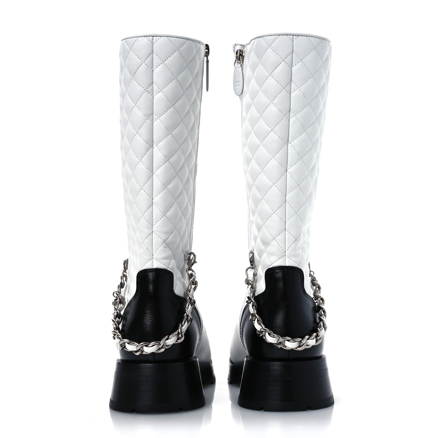 Chanel Grained Calfskin Quilted Chain Lace Up Combat Long Boots 40.5 White Black 6 of 13