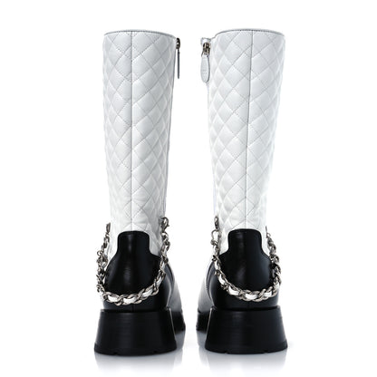 Chanel Grained Calfskin Quilted Chain Lace Up Combat Long Boots 40.5 White Black 6 of 13