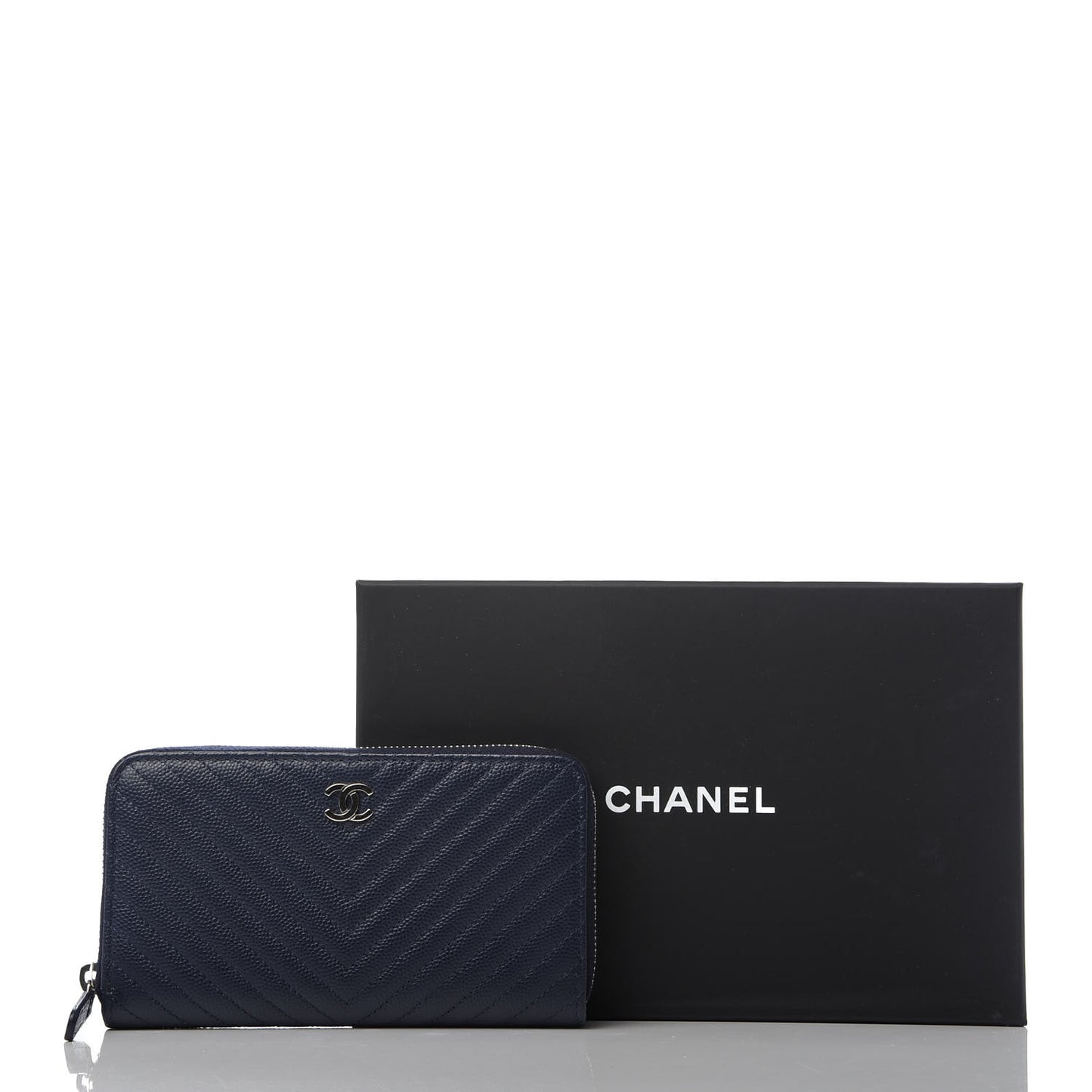 Caviar Chevron Quilted Large Gusset Zip Around Wallet Navy