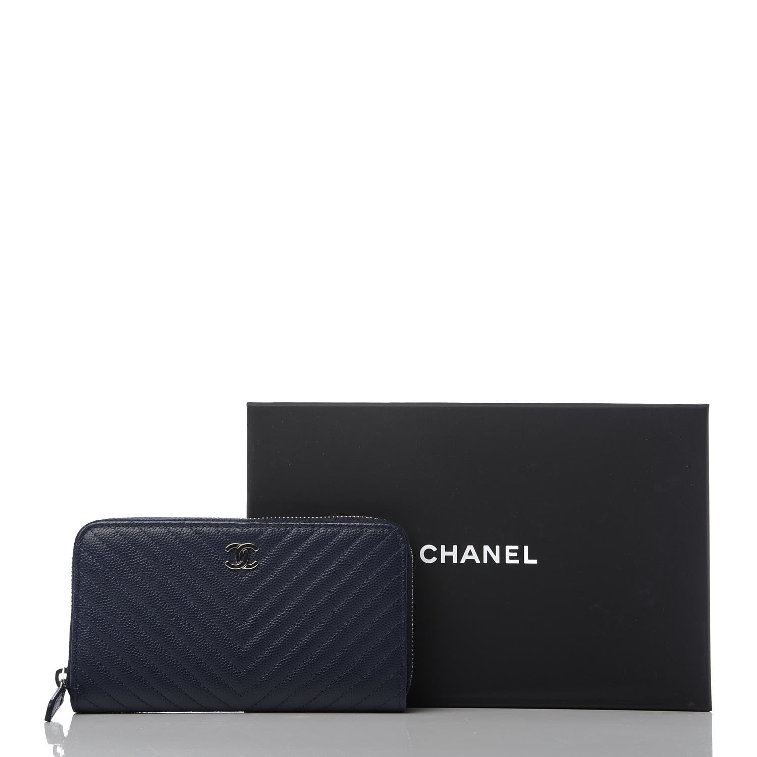 Chanel Caviar Chevron Quilted Large Gusset Zip Around Wallet Navy 9 of 9