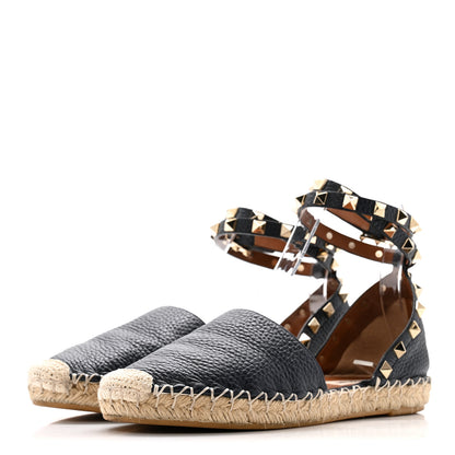 Valentino Garavani Grained Calfskin Rockstud Ankle Wrap Espadrille 20mm Flats 35 Navy 4 of 10