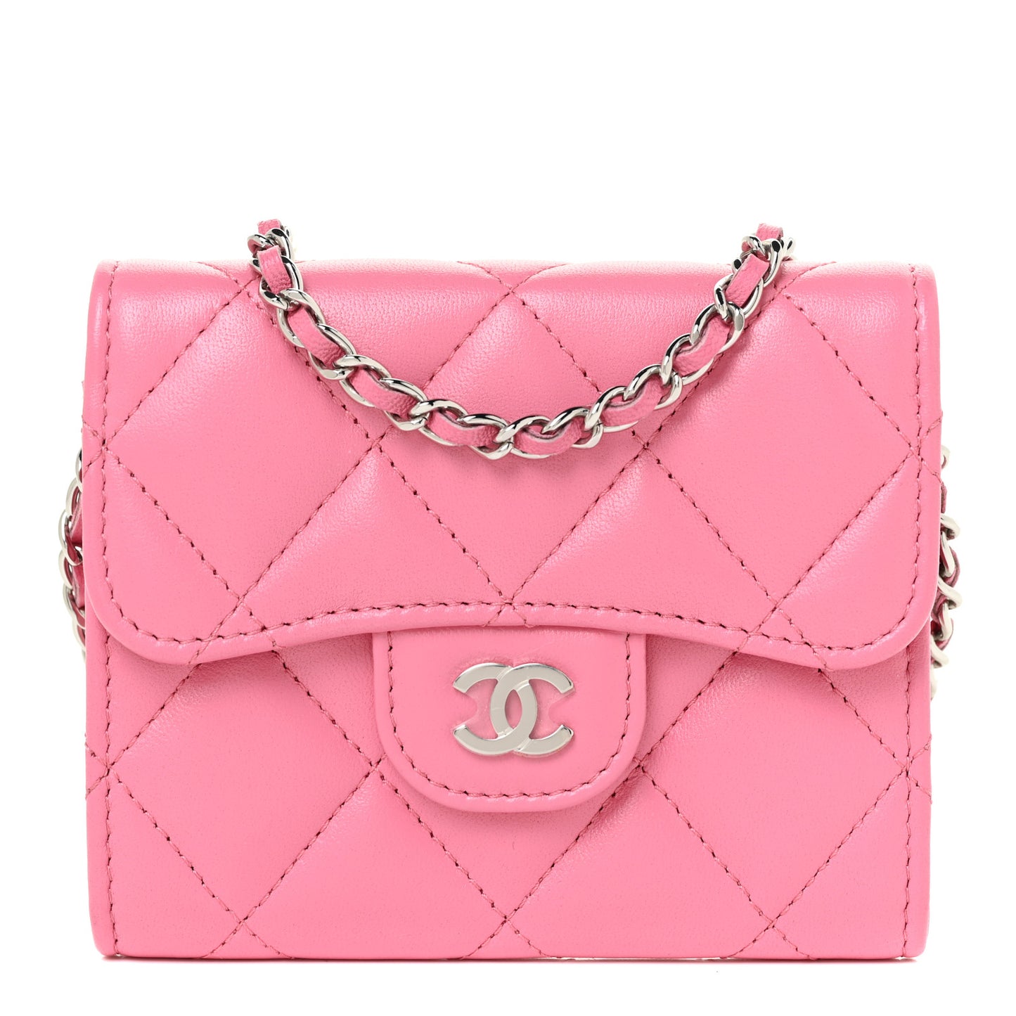 Lambskin Quilted Flap Card Holder On Chain Pink