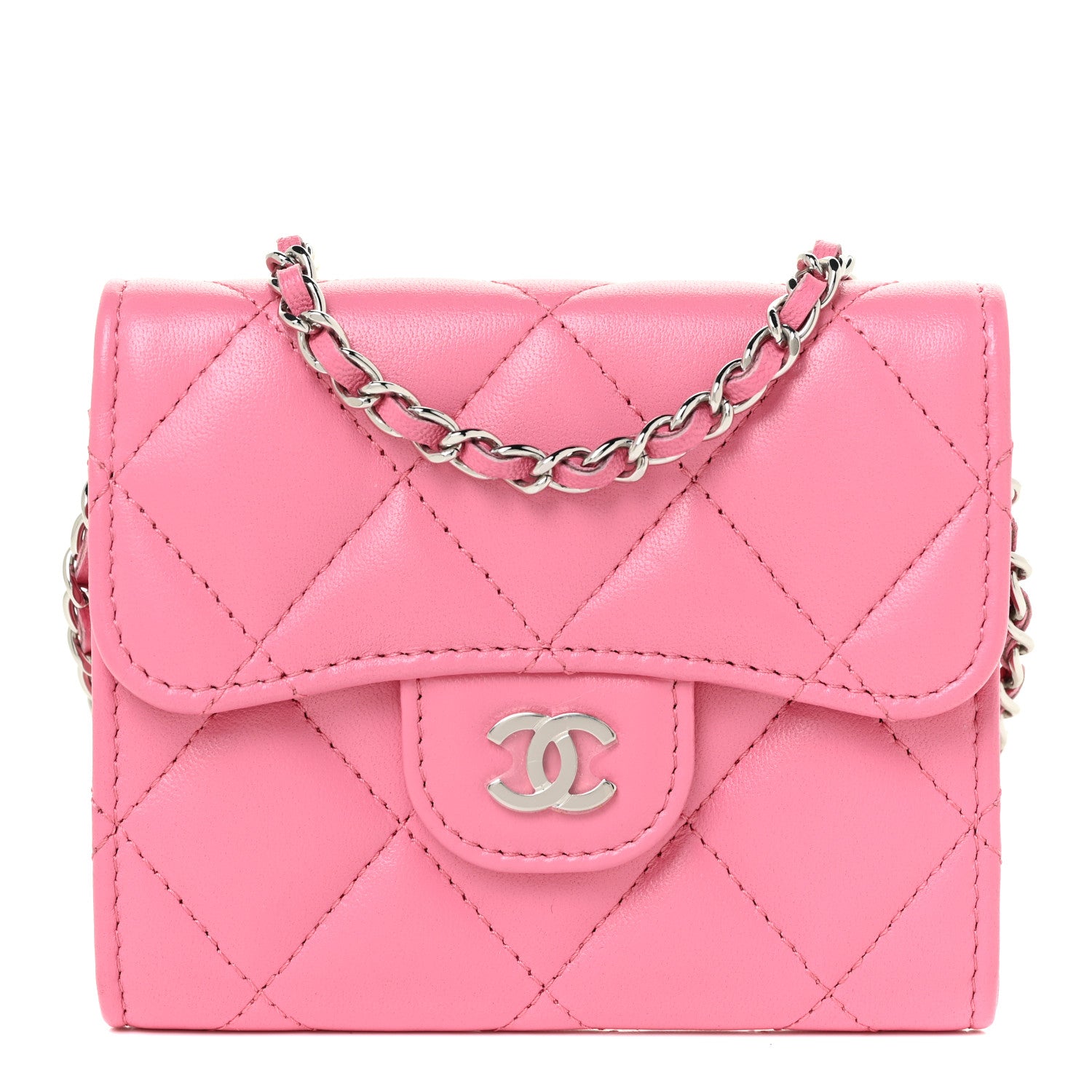 Chanel Lambskin Quilted Flap Card Holder On Chain Pink 1 of 12