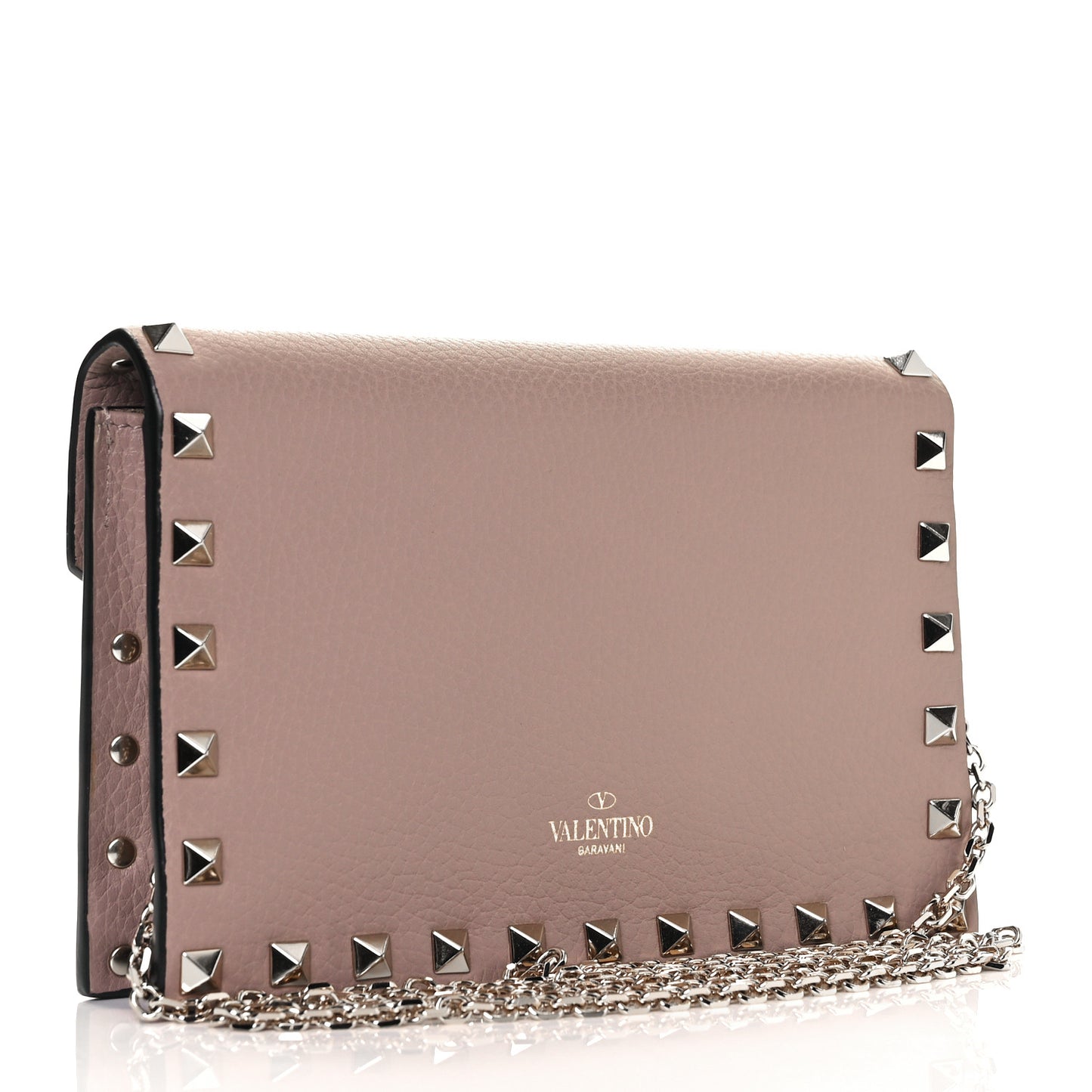Pebbled Calfskin Rockstud Envelope Wallet on Chain Poudre