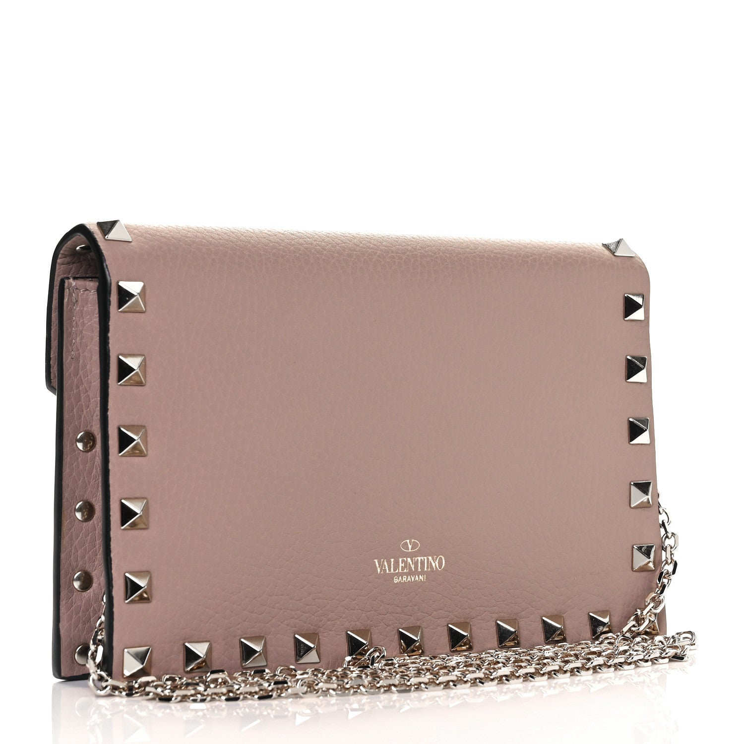 Valentino Garavani Pebbled Calfskin Rockstud Envelope Wallet on Chain Poudre 3 of 8