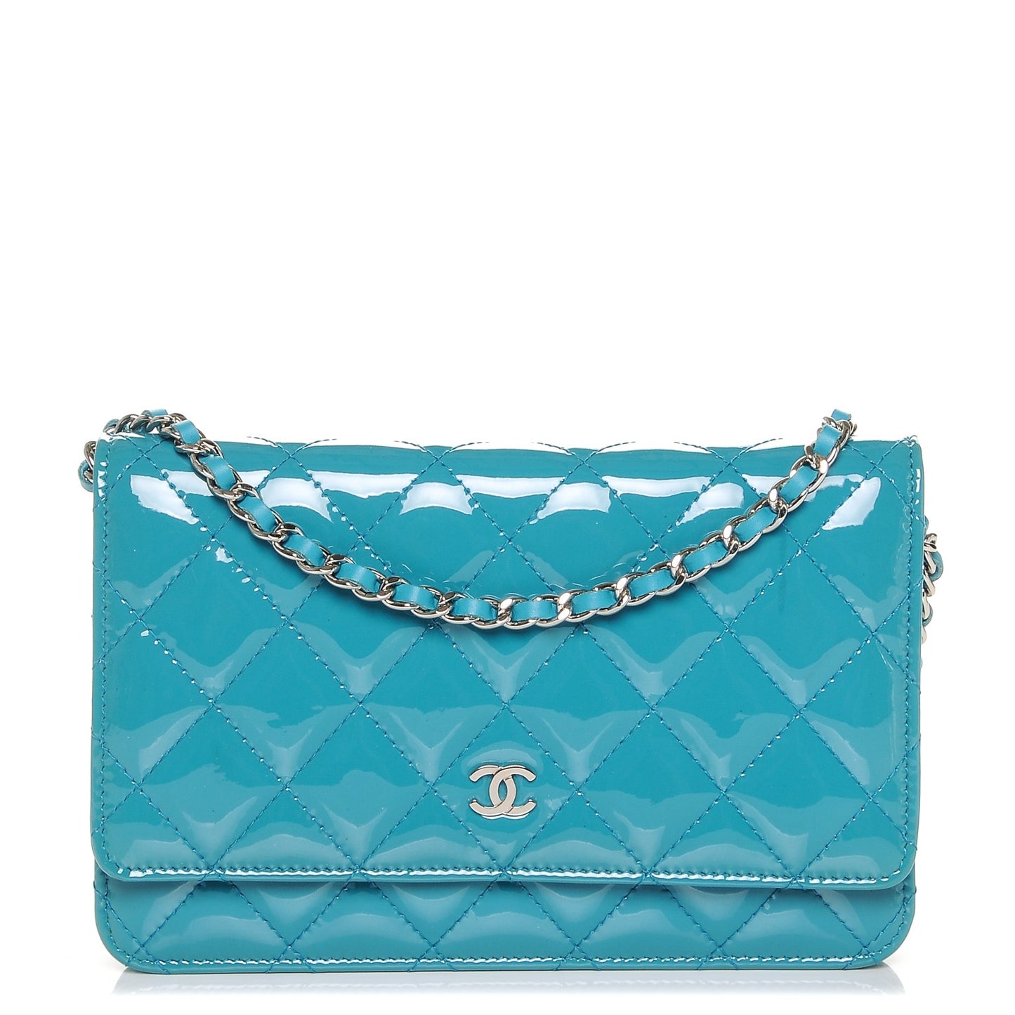Patent Quilted Wallet On Chain WOC Turquoise Blue