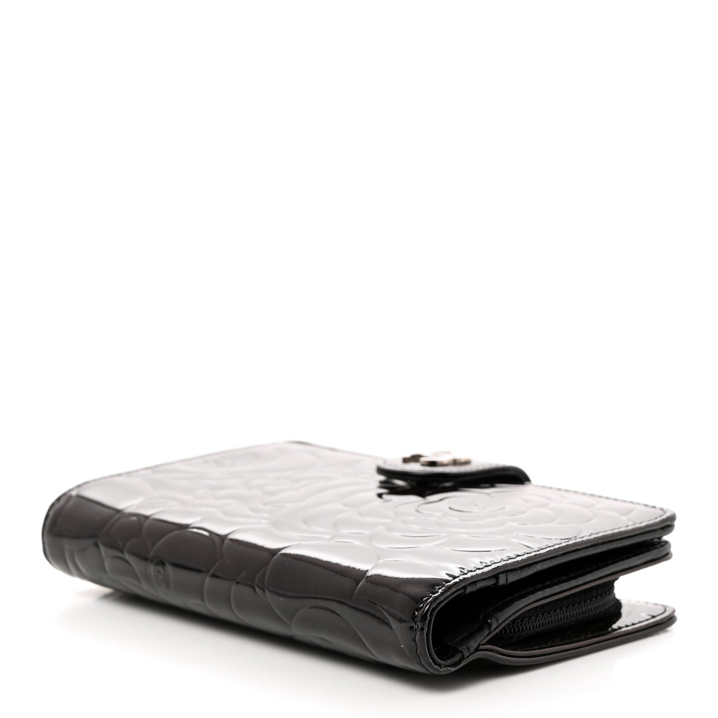 Patent Camellia Embossed Zipped Pocket Wallet Black