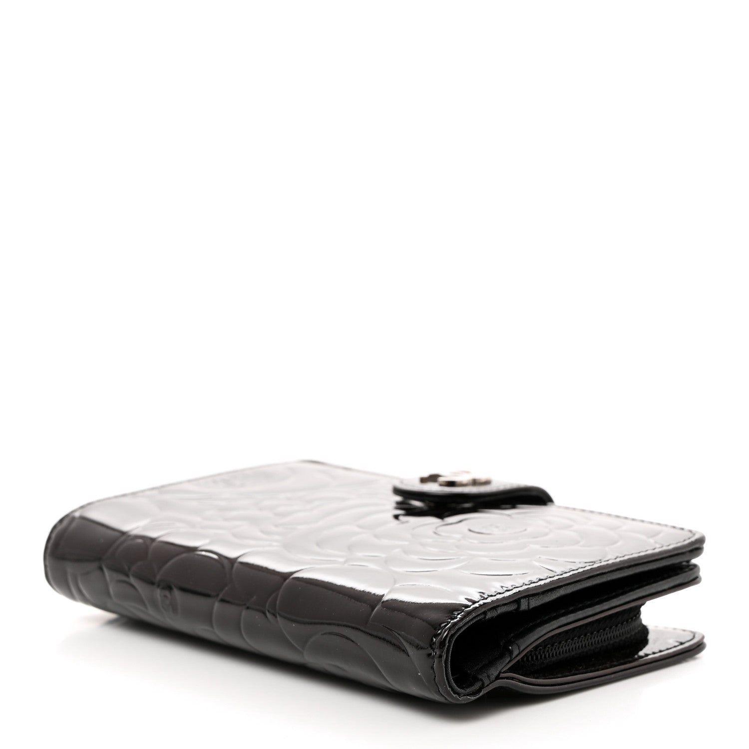 Chanel Patent Camellia Embossed Zipped Pocket Wallet Black 4 of 9