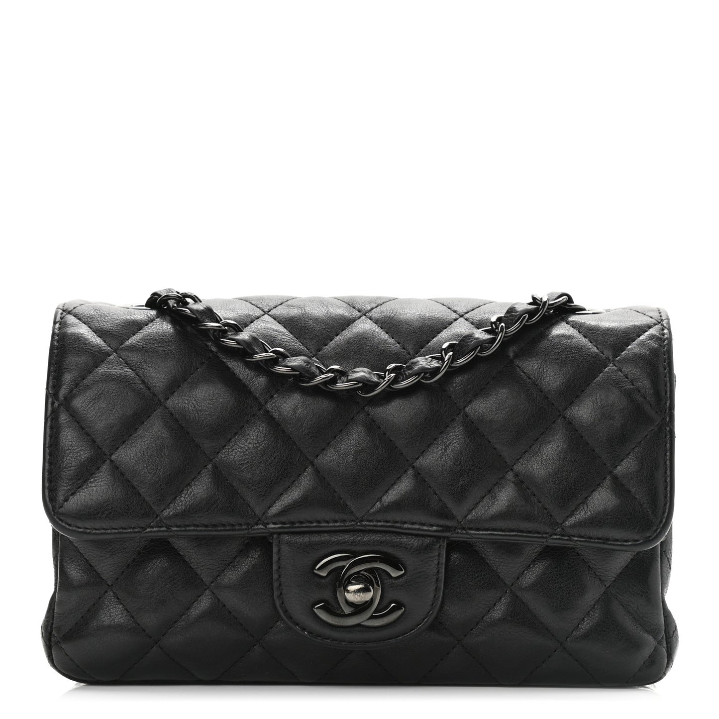 Crumpled Calfskin Quilted Mini Rectangular Flap So Black