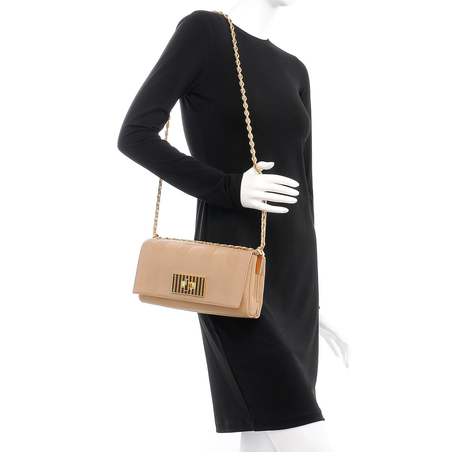 Fendi Calfskin Paris Pequin Small Shoulder Bag Beige 3 of 14