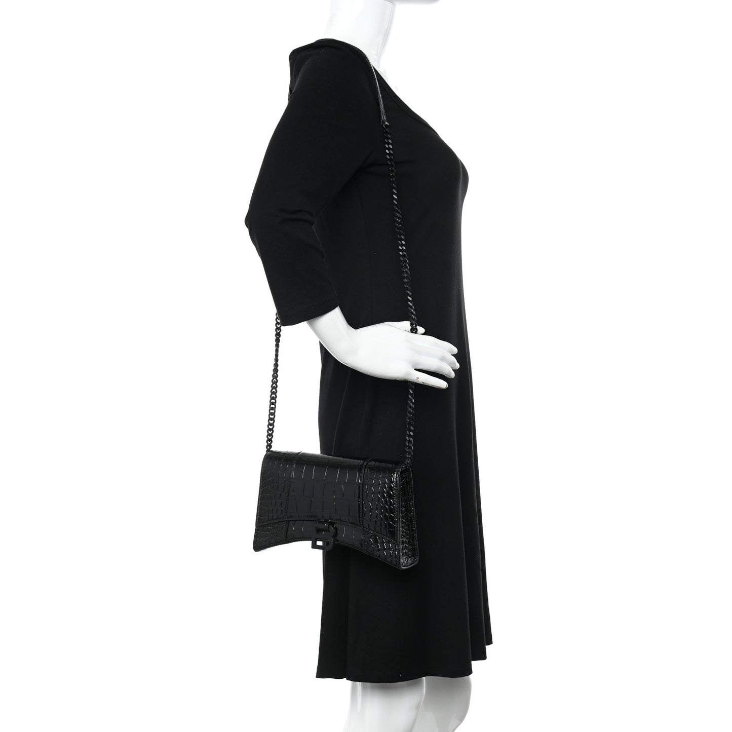 Shiny Calfskin Monochrome Crocodile Embossed Small Hourglass Evening Chain Bag Black