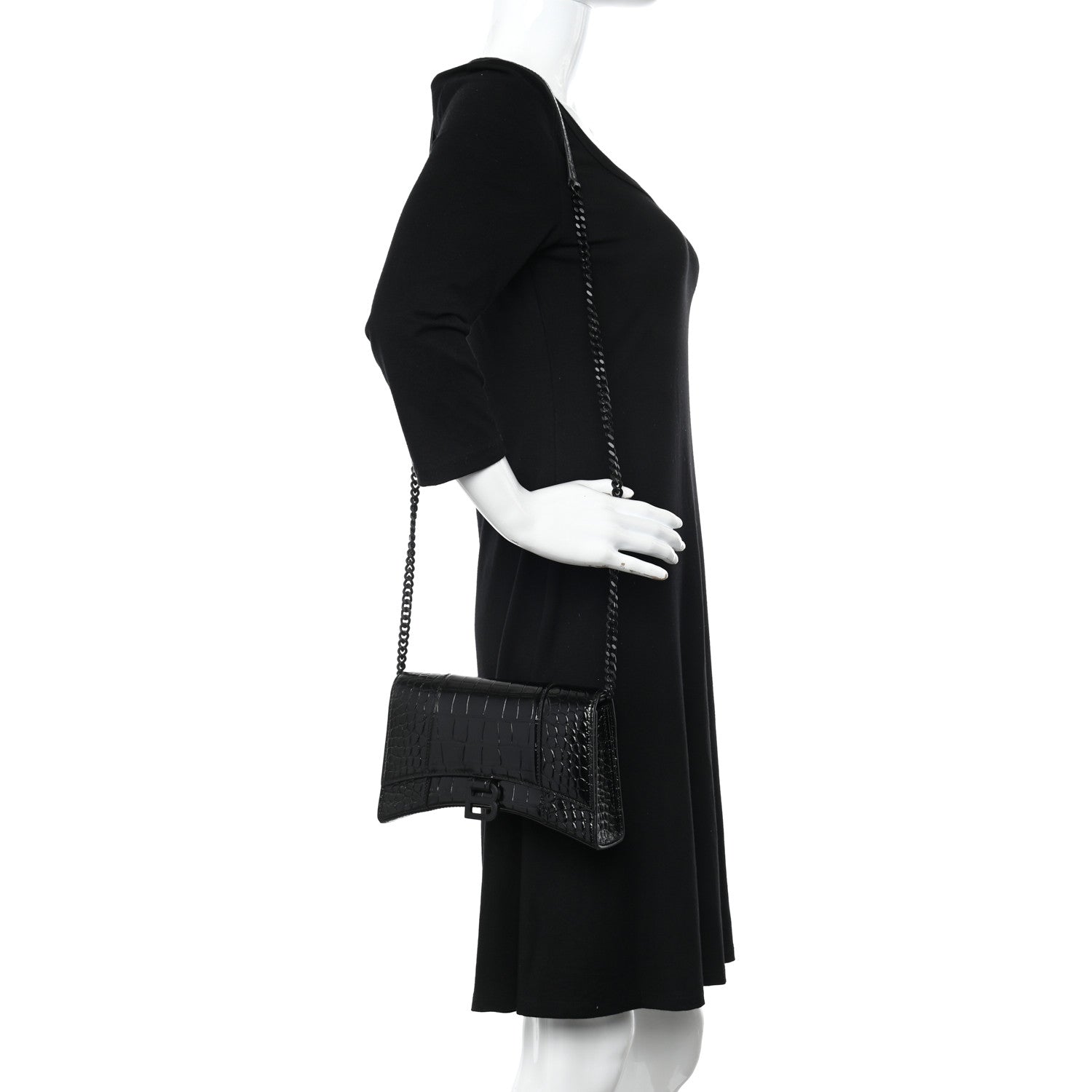 Balenciaga Shiny Calfskin Monochrome Crocodile Embossed Small Hourglass Evening Chain Bag Black 2 of 10