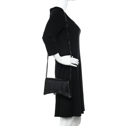 Balenciaga Shiny Calfskin Monochrome Crocodile Embossed Small Hourglass Evening Chain Bag Black 2 of 10