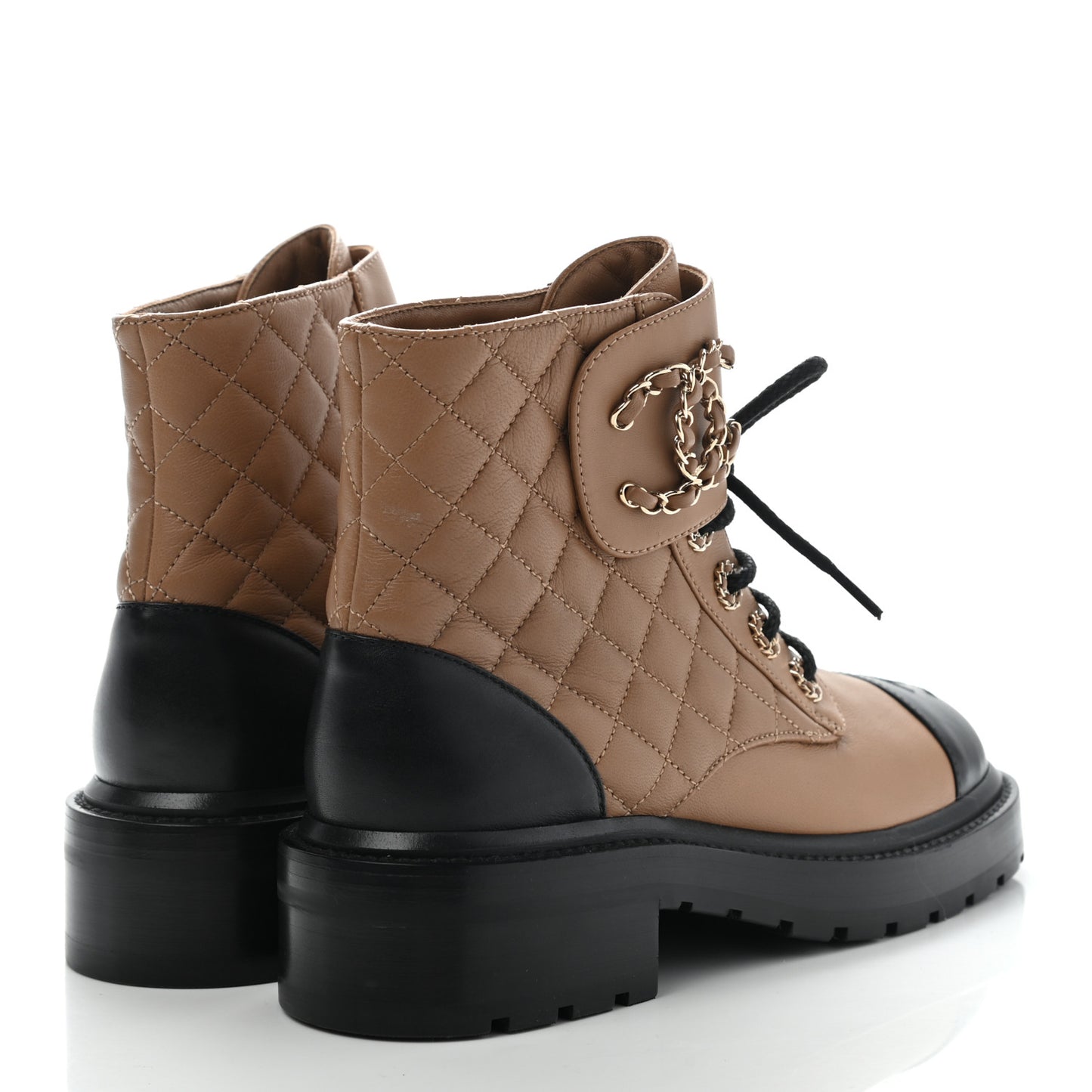 Lambskin Calfskin Quilted Lace Up Combat Boots 36 Beige Black