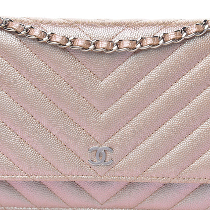 Chanel Metallic Caviar Chevron Quilted Wallet On Chain WOC Light Gold 9 of 12