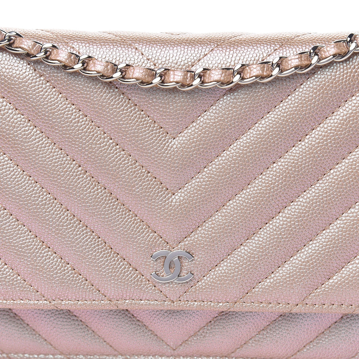 Chanel Metallic Caviar Chevron Quilted Wallet On Chain WOC Light Gold 9 of 12