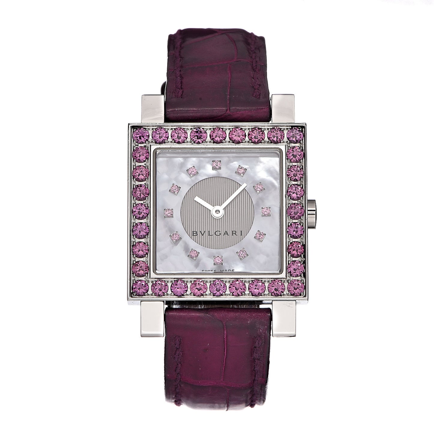 Stainless Steel Alligator Garnet Mother of Pearl 26mm Quadrato Quartz Watch