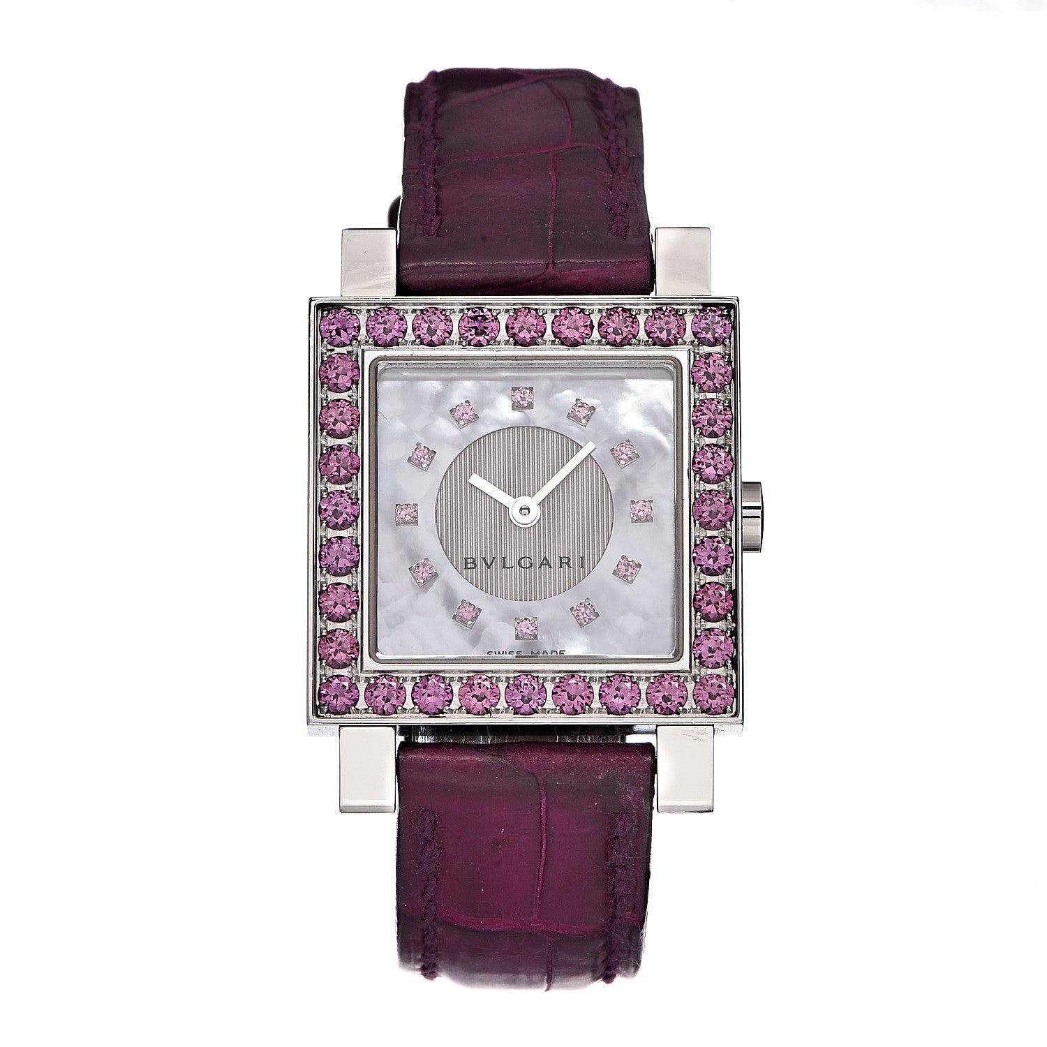 Bulgari Stainless Steel Alligator Garnet Mother of Pearl 26mm Quadrato Quartz Watch 1 of 10