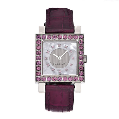 Bulgari Stainless Steel Alligator Garnet Mother of Pearl 26mm Quadrato Quartz Watch 1 of 10