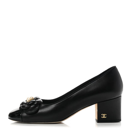 Chanel Lambskin Patent Calfskin Pearl Camellia Cap Toe Pumps 36.5 Black 1 of 9