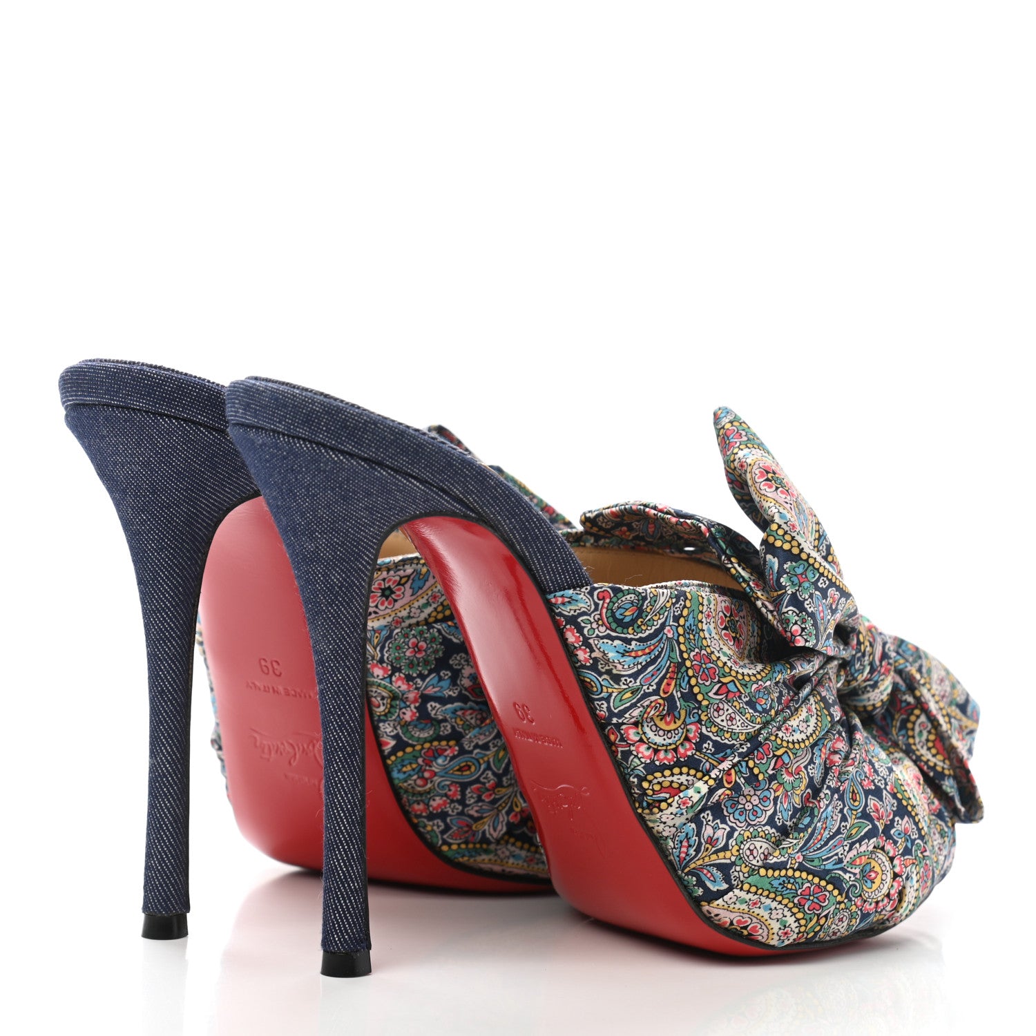 Christian Louboutin Satin Paisley Denim Moniquissima 120 Platform Slide Sandals 39 Positano Blue 4 of 8