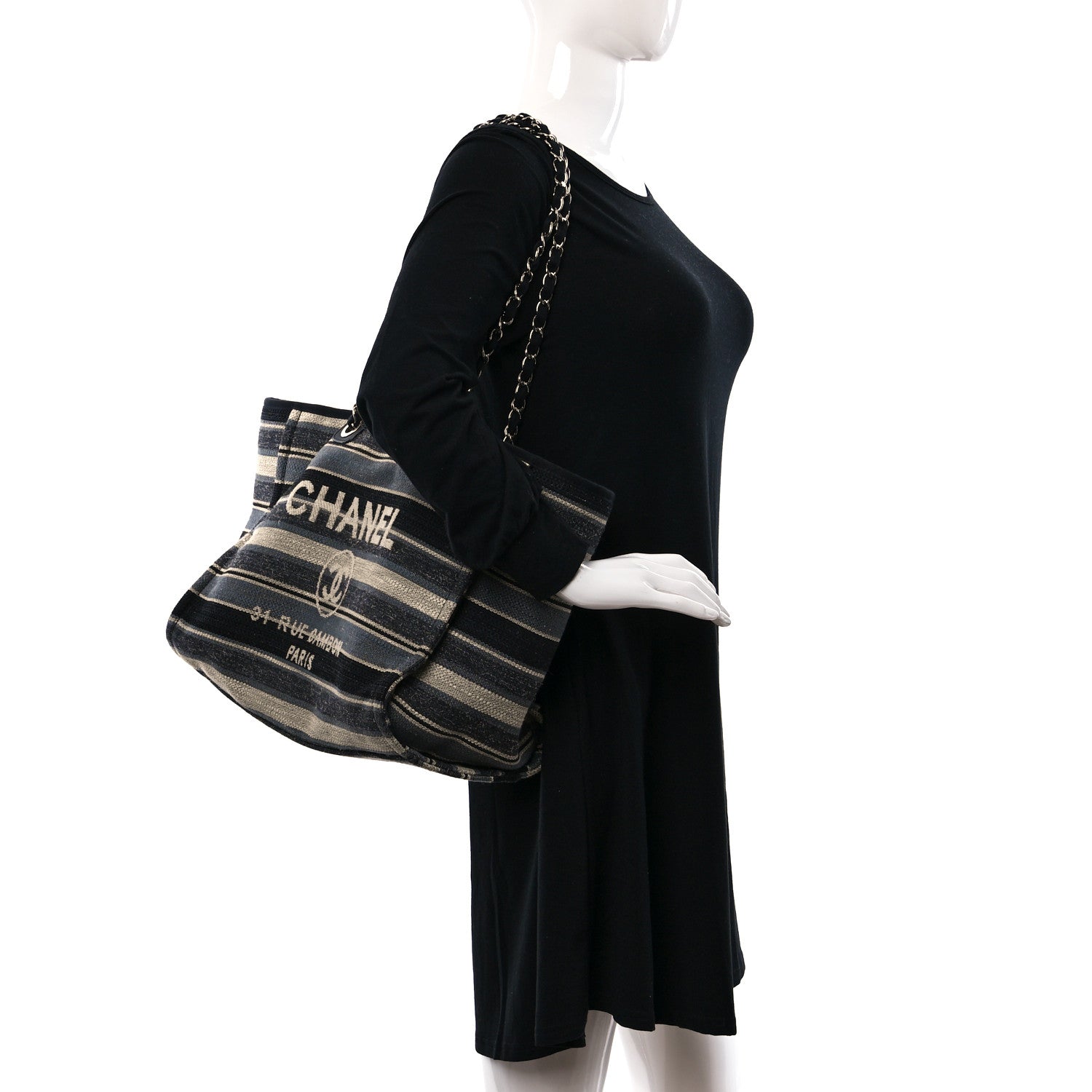 Chanel Striped Canvas Medium Deauville Tote Black 2 of 10