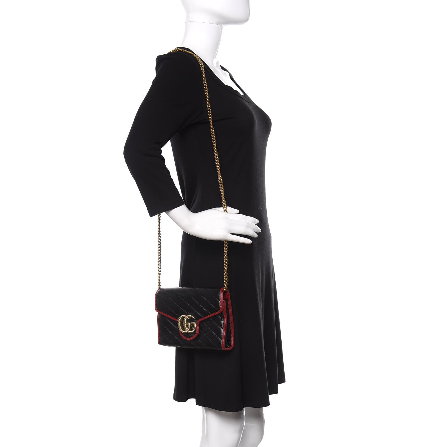 Gucci Vintage Effect Calfskin Matelasse Diagonal Torchon GG Marmont Chain Wallet Black Romantic Cherry 3 of 28