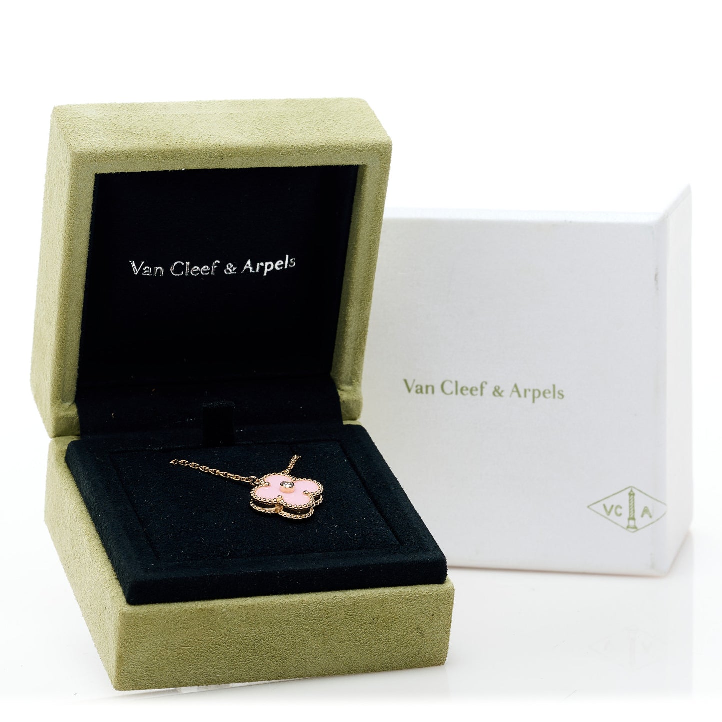 18K Rose Gold Diamond Pink Porcelain Vintage Alhambra Pendant Necklace