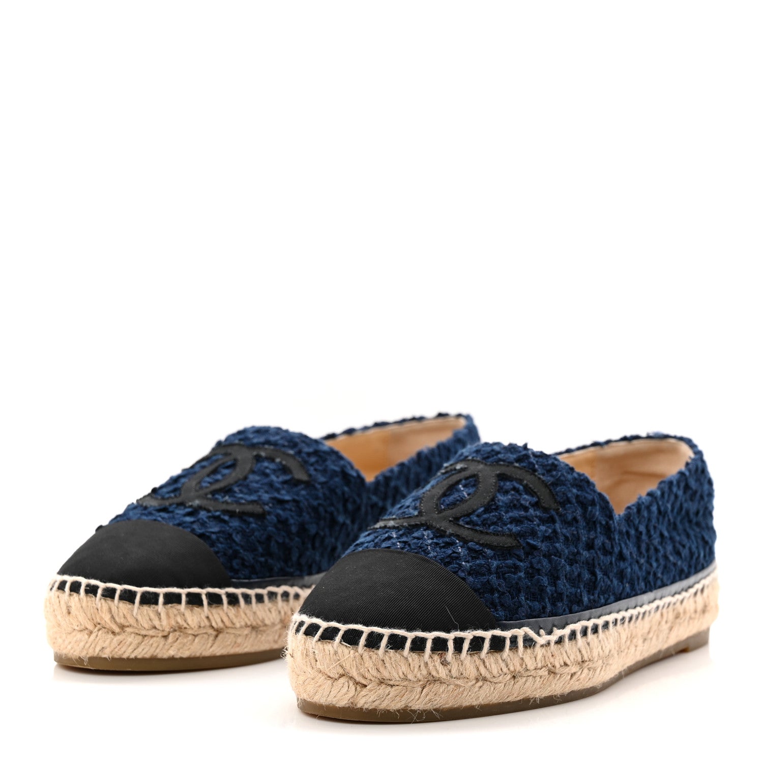 Chanel Tweed Grosgrain CC Espadrilles 37 Navy Black 4 of 11