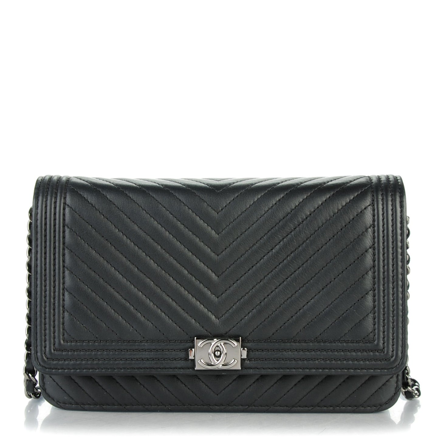 Calfskin Chevron Boy Wallet On Chain WOC Black
