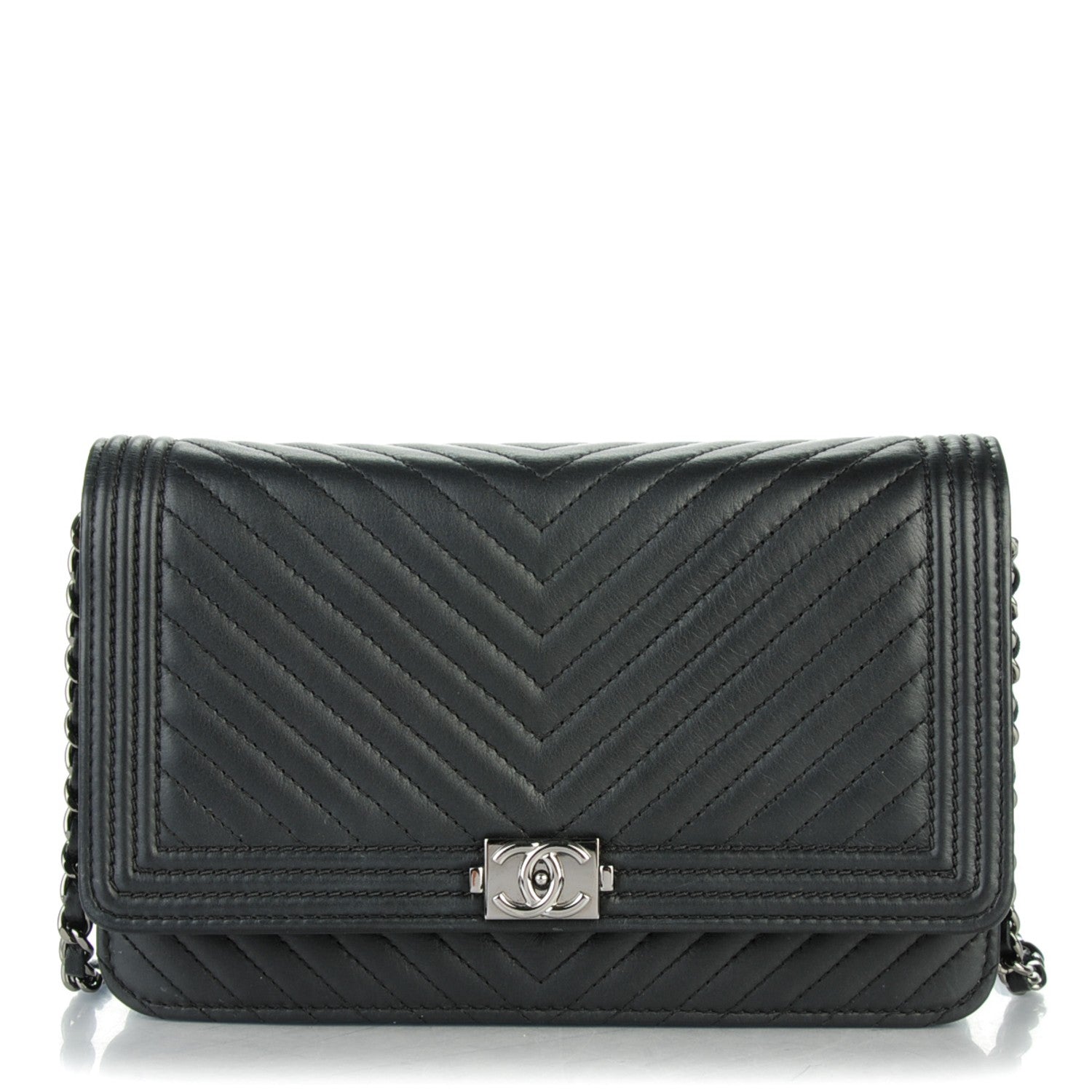 Chanel Calfskin Chevron Boy Wallet On Chain WOC Black 1 of 8