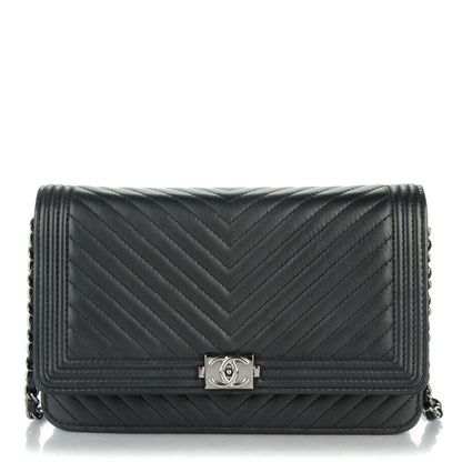 Chanel Calfskin Chevron Boy Wallet On Chain WOC Black 1 of 8