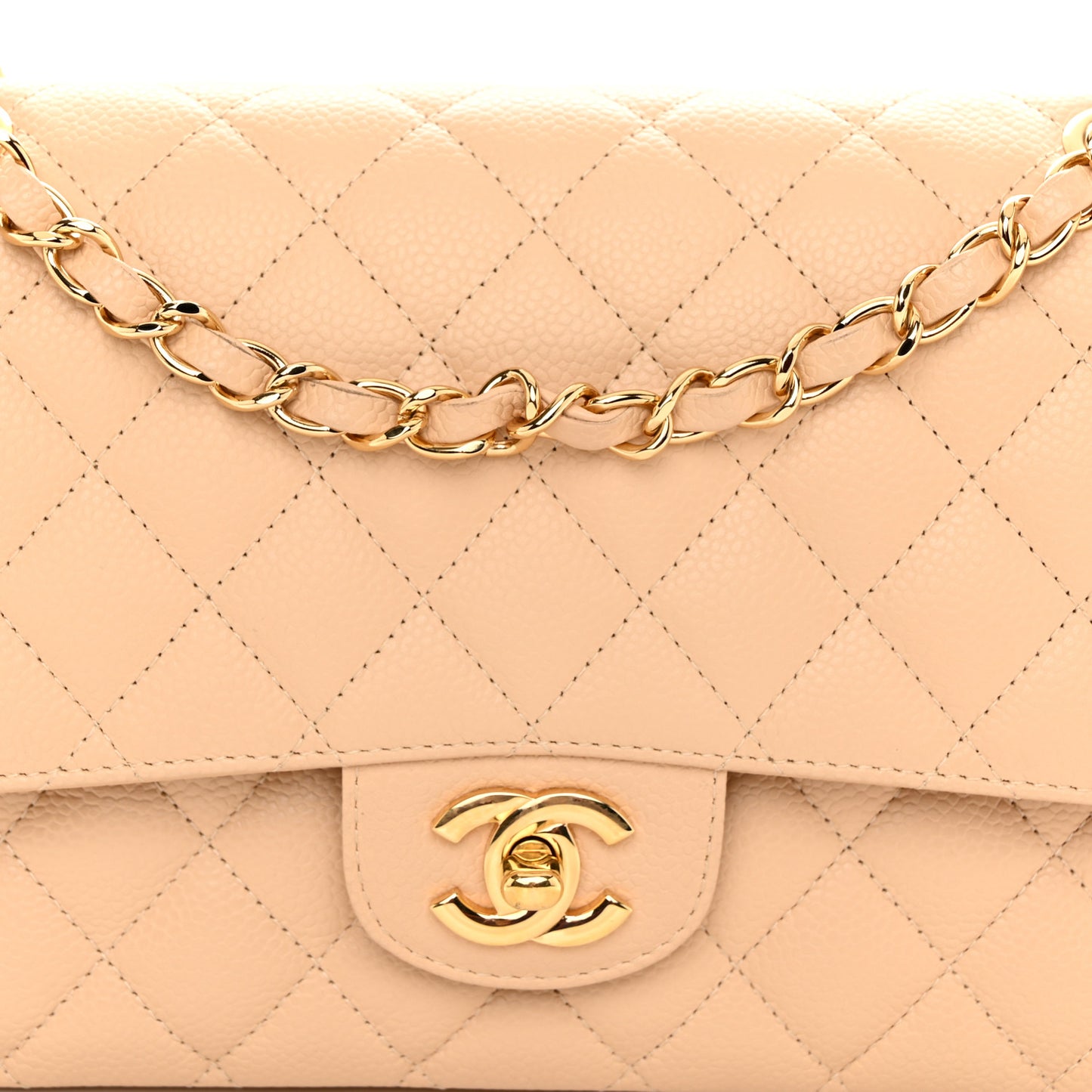 Caviar Quilted Medium Double Flap Beige