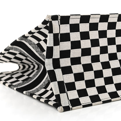 Christian Dior Canvas Embroidered Checkered Book Tote Black White 9 of 13
