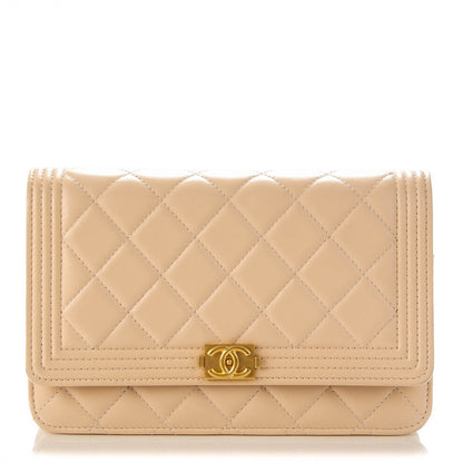 Chanel Lambskin Quilted Boy Wallet On Chain WOC Beige 1 of 12