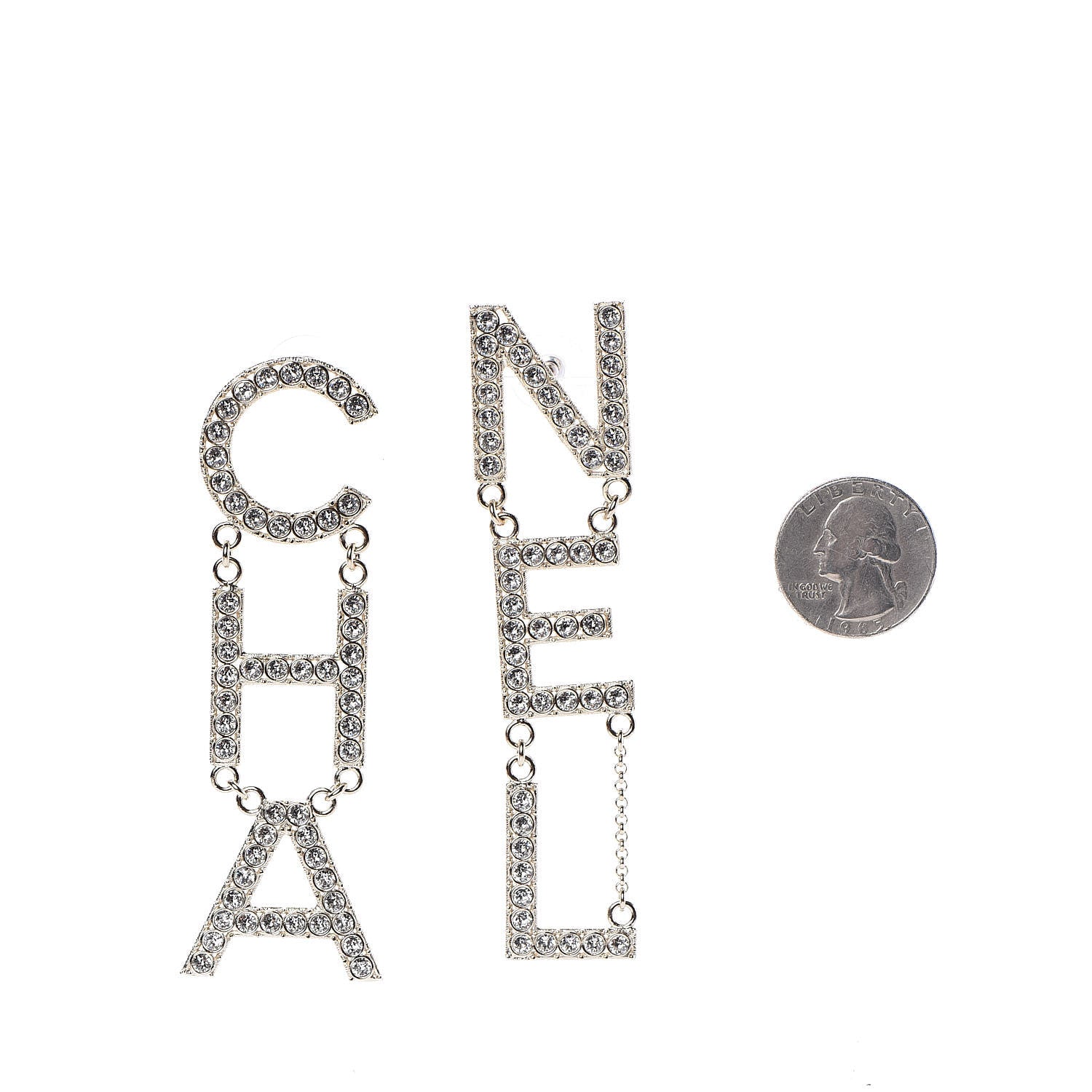 Chanel Crystal Cha-Nel Logo Drop Earrings Gold 2 of 5