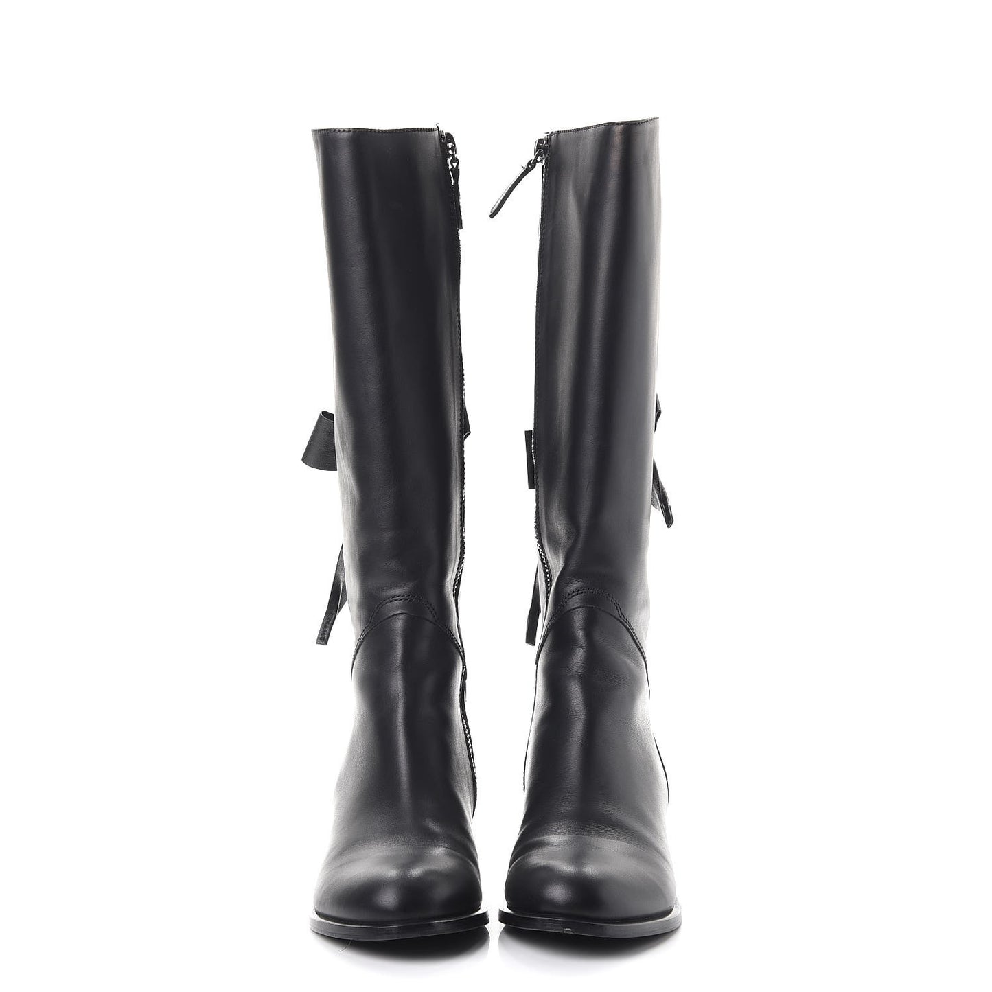 Calfskin Bow Lace Up Back Knee High Tall Boots 38.5 Black