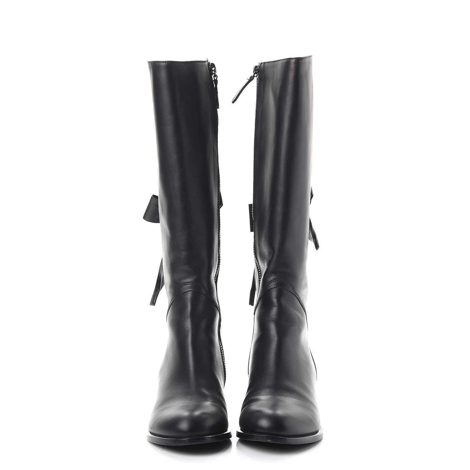 Valentino Garavani Calfskin Bow Lace Up Back Knee High Tall Boots 38.5 Black 2 of 24